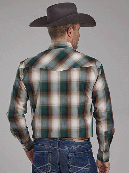 Roper 03-001-0278-7037 Mens Long Sleeve Western Plaid Shirt Green front view. If you need any assistance with this item or the purchase of this item please call us at five six one seven four eight eight eight zero one Monday through Saturday 10:00a.m EST to 8:00 p.m EST