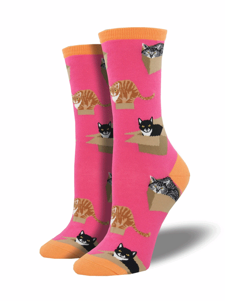 Socksmith WNC765-PNK Womens Cat in a Box Socks Pink front and side view of pair. If you need any assistance with this item or the purchase of this item please call us at five six one seven four eight eight eight zero one Monday through Saturday 10:00a.m EST to 8:00 p.m EST