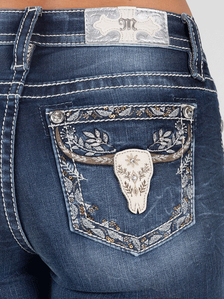 Miss Me M9241B Womens Mid-Rise Longhorn Bootcut Jean Dark Blue back pocket close up view. If you need any assistance with this item or the purchase of this item please call us at five six one seven four eight eight eight zero one Monday through Saturday 10:00a.m EST to 8:00 p.m EST