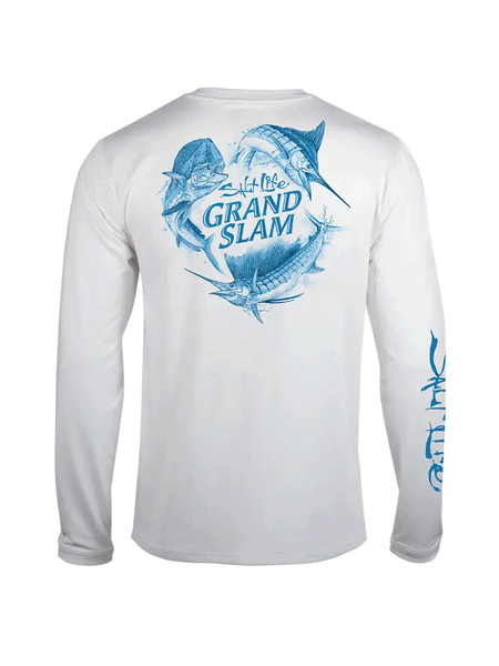 Salt Life SLM6214 Mens Big Slam Long Sleeve Performance Tee White back view. If you need any assistance with this item or the purchase of this item please call us at five six one seven four eight eight eight zero one Monday through Saturday 10:00a.m EST to 8:00 p.m EST