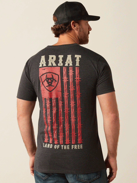 Ariat 10053985 Mens Barbed Flag T-Shirt Charcoal Heather back view. If you need any assistance with this item or the purchase of this item please call us at five six one seven four eight eight eight zero one Monday through Saturday 10:00a.m EST to 8:00 p.m EST

