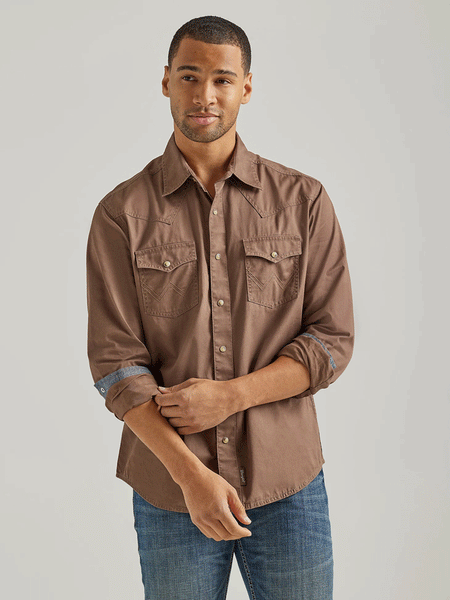 Wrangler 112338156 Mens Retro Premium Long Sleeve Shirt Camel Brown front view. If you need any assistance with this item or the purchase of this item please call us at five six one seven four eight eight eight zero one Monday through Saturday 10:00a.m EST to 8:00 p.m EST