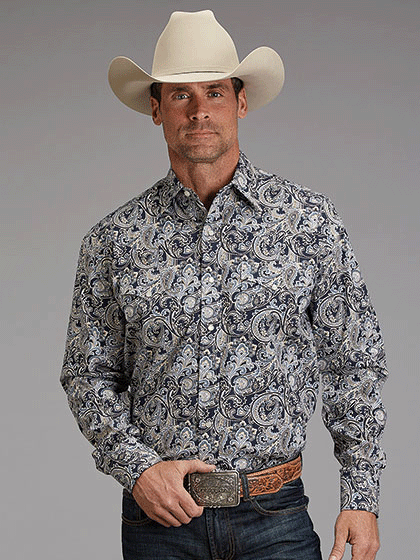 Stetson 11-001-0425-2051 Mens Paisley Print Western Shirt Blue front view. If you need any assistance with this item or the purchase of this item please call us at five six one seven four eight eight eight zero one Monday through Saturday 10:00a.m EST to 8:00 p.m EST