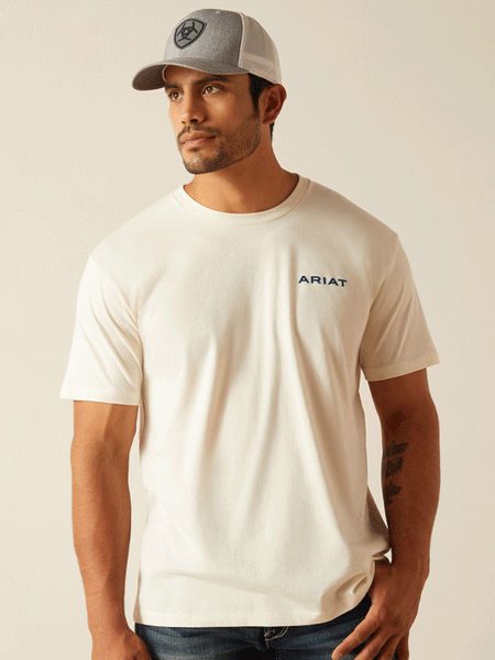 Ariat 10051454 Mens Logo Short Sleeve T-Shirt Off White front view. If you need any assistance with this item or the purchase of this item please call us at five six one seven four eight eight eight zero one Monday through Saturday 10:00a.m EST to 8:00 p.m EST