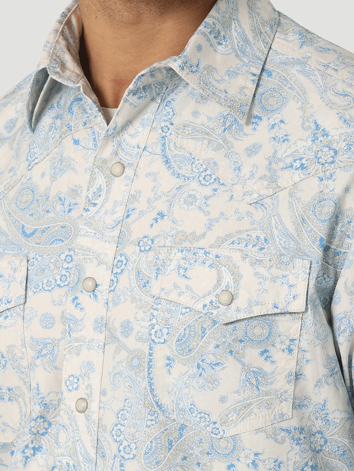 Wrangler 112327790 Mens Retro Premium Long Sleeve Shirt Toile Blue front view open. If you need any assistance with this item or the purchase of this item please call us at five six one seven four eight eight eight zero one Monday through Saturday 10:00a.m EST to 8:00 p.m EST