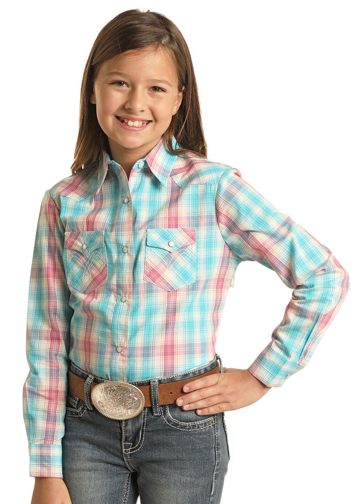 Panhandle WLGSOSR1GS Kids Long Sleeve Plaid Snap Shirt Light Turquoise front view. If you need any assistance with this item or the purchase of this item please call us at five six one seven four eight eight eight zero one Monday through Saturday 10:00a.m EST to 8:00 p.m EST