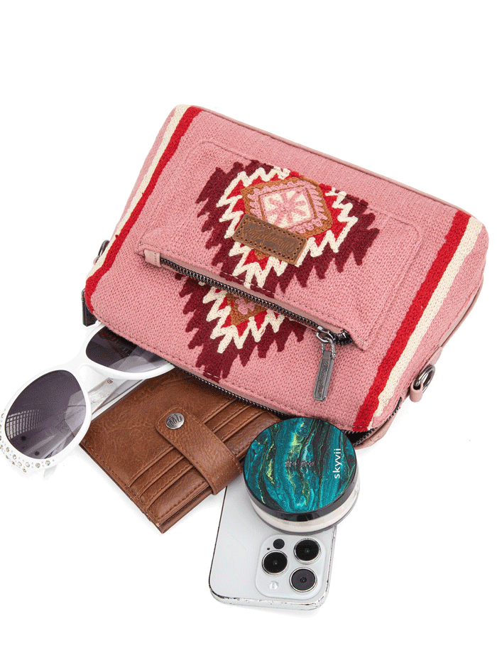 Wrangler WG174-1832HPK Womens Southwestern Knitted Crossbody Bag Hot Pink full front view. If you need any assistance with this item or the purchase of this item please call us at five six one seven four eight eight eight zero one Monday through Saturday 10:00a.m EST to 8:00 p.m EST

