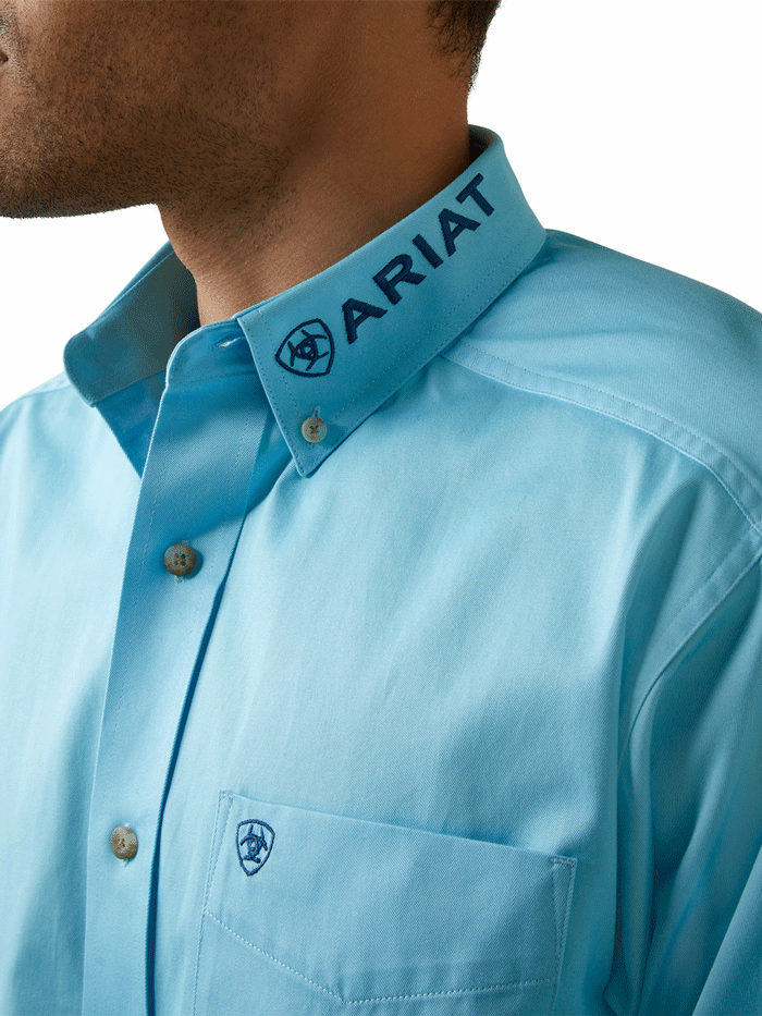 Ariat 10044940 Mens Team Logo Twill Classic Long Sleeve Shirt Cenote Aqua front view. If you need any assistance with this item or the purchase of this item please call us at five six one seven four eight eight eight zero one Monday through Saturday 10:00a.m EST to 8:00 p.m EST