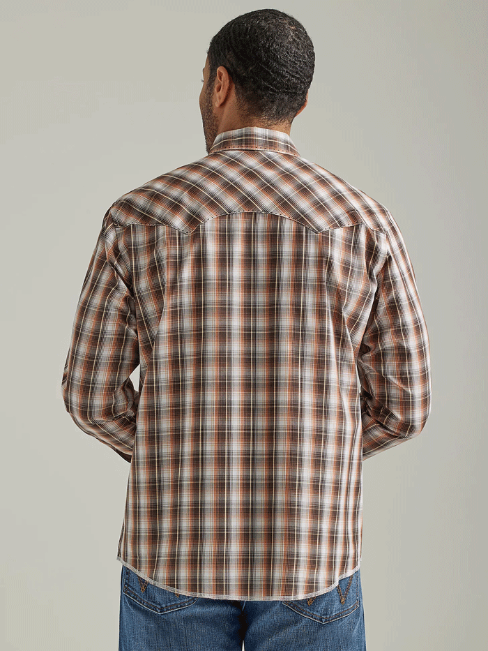 Wrangler 112326466 Mens Long Sleeve Fashion Western Snap Plaid Shirt Tawny Brown front view. If you need any assistance with this item or the purchase of this item please call us at five six one seven four eight eight eight zero one Monday through Saturday 10:00a.m EST to 8:00 p.m EST