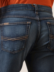 Ariat 10026041 Mens M7 Rocker Stretch Legacy Stackable Straight Leg Jean Fremont close up of back pocket. If you need any assistance with this item or the purchase of this item please call us at five six one seven four eight eight eight zero one Monday through Saturday 10:00a.m EST to 8:00 p.m EST