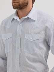 Wrangler 112356577 Mens 20X Competition Western Shirt Feather Print White front close up. If you need any assistance with this item or the purchase of this item please call us at five six one seven four eight eight eight zero one Monday through Saturday 10:00a.m EST to 8:00 p.m EST