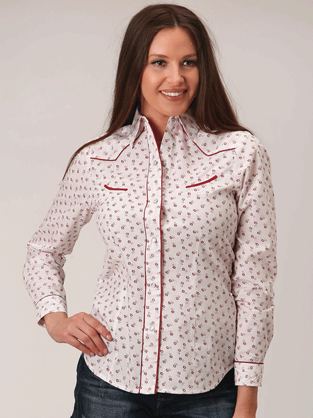 Roper 01-050-0086-3057 Womens Floral Print Western Shirt White front view. If you need any assistance with this item or the purchase of this item please call us at five six one seven four eight eight eight zero one Monday through Saturday 10:00a.m EST to 8:00 p.m EST