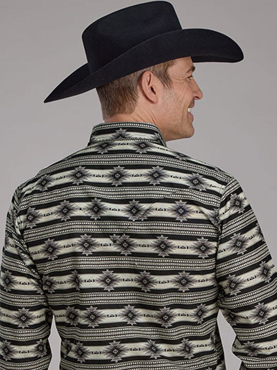 Roper 03-001-0067-0153 Mens Long Sleeve Horizontal Print Snap Shirt Black back view. If you need any assistance with this item or the purchase of this item please call us at five six one seven four eight eight eight zero one Monday through Saturday 10:00a.m EST to 8:00 p.m EST