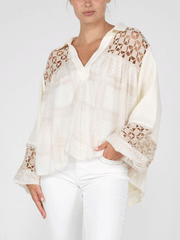 Miss Me MT2861L Womens Button Up Printed Blouse Ivory front view. If you need any assistance with this item or the purchase of this item please call us at five six one seven four eight eight eight zero one Monday through Saturday 10:00a.m EST to 8:00 p.m EST