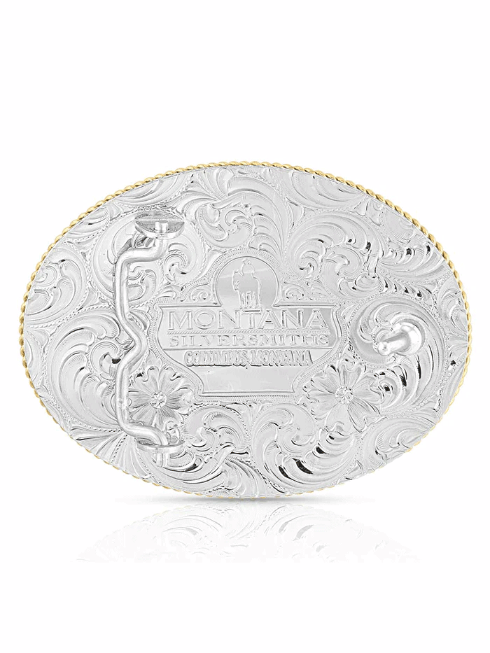 Montana Silversmiths 840F-902 Chief Profile Gold Trim Western Buckle Silver front view. If you need any assistance with this item or the purchase of this item please call us at five six one seven four eight eight eight zero one Monday through Saturday 10:00a.m EST to 8:00 p.m EST