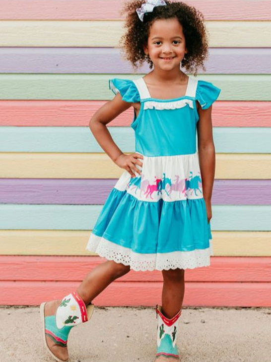 Shea Baby FSD02 Infants Free Spirit Ruffle Dress Teal front view. If you need any assistance with this item or the purchase of this item please call us at five six one seven four eight eight eight zero one Monday through Saturday 10:00a.m EST to 8:00 p.m EST