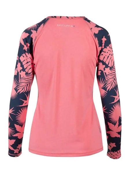 Salt Life SLJ6052 Womens Escapism Long Sleeve Performance Tee Coral Heather front view. If you need any assistance with this item or the purchase of this item please call us at five six one seven four eight eight eight zero one Monday through Saturday 10:00a.m EST to 8:00 p.m EST