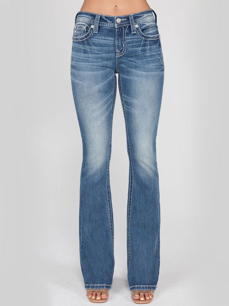 Miss Me M9254B Womens Mid Rise Bootcut Jeans Medium Blue front view. If you need any assistance with this item or the purchase of this item please call us at five six one seven four eight eight eight zero one Monday through Saturday 10:00a.m EST to 8:00 p.m EST