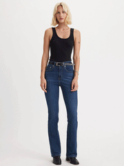 Levi's 187590038 Womens 725 High Rise Bootcut Jeans Lapis Dark Horse Navy full front view on model. If you need any assistance with this item or the purchase of this item please call us at five six one seven four eight eight eight zero one Monday through Saturday 10:00a.m EST to 8:00 p.m EST

