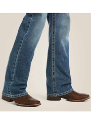 Ariat 10021879 Mens M5 Slim Stretch Stillwell Stackable Straight Leg Jean Fargo leg bottom close up view. If you need any assistance with this item or the purchase of this item please call us at five six one seven four eight eight eight zero one Monday through Saturday 10:00a.m EST to 8:00 p.m EST