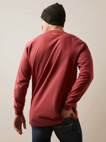 Ariat 10046697 Mens Flame Resistant Air Crew Long Sleeve T-Shirt Brick Red back view. If you need any assistance with this item or the purchase of this item please call us at five six one seven four eight eight eight zero one Monday through Saturday 10:00a.m EST to 8:00 p.m EST