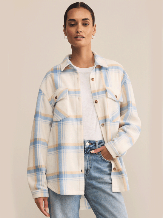 Z Supply ZJ253845 Womens Hiker Two Toned Fleece Jacket Natural Light Blue front view. If you need any assistance with this item or the purchase of this item please call us at five six one seven four eight eight eight zero one Monday through Saturday 10:00a.m EST to 8:00 p.m EST
