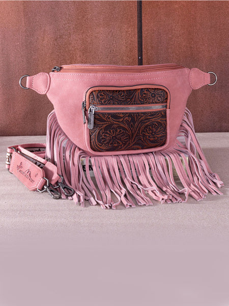 Montana West MW1276-194PK Womens Floral Tooled Fringe Fanny Pack Pink front view. If you need any assistance with this item or the purchase of this item please call us at five six one seven four eight eight eight zero one Monday through Saturday 10:00a.m EST to 8:00 p.m EST