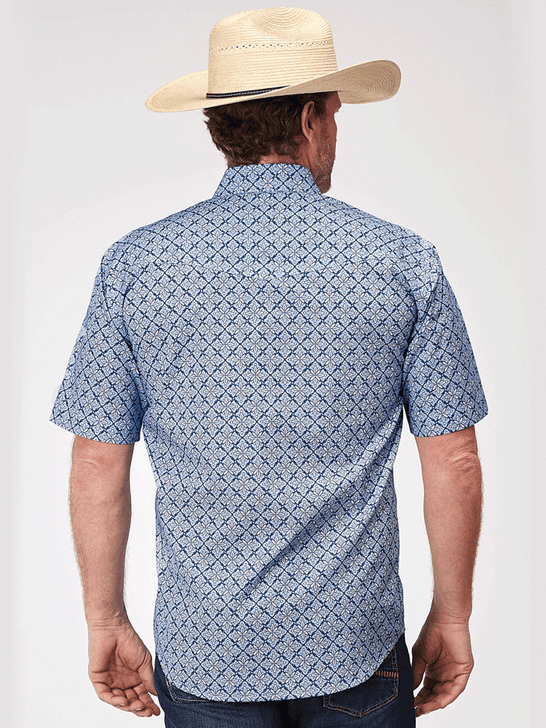 Roper 03-002-0225-2024 Mens Blue Skies Tie Print Short Sleeve Shirt Blue back view. If you need any assistance with this item or the purchase of this item please call us at five six one seven four eight eight eight zero one Monday through Saturday 10:00a.m EST to 8:00 p.m EST