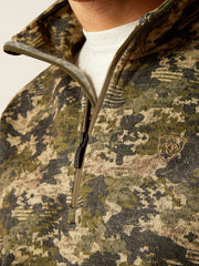 Ariat 10053017 Mens Caldwell Logo Sweater Camo close up. If you need any assistance with this item or the purchase of this item please call us at five six one seven four eight eight eight zero one Monday through Saturday 10:00a.m EST to 8:00 p.m EST