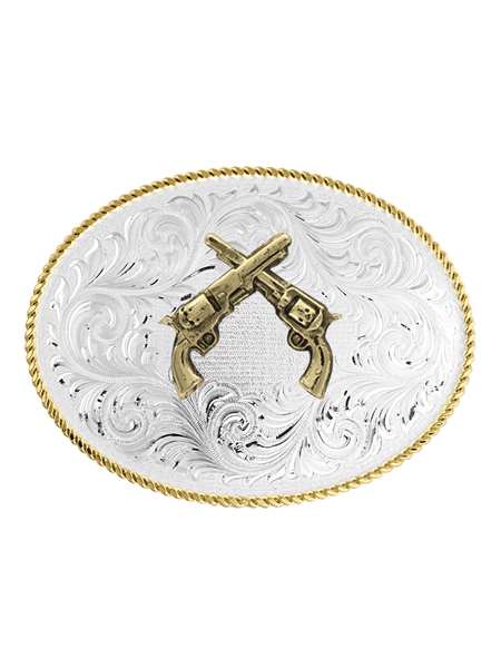 Montana Silversmiths 1255-878 Crossed Pistols Classic Western Buckle Silver front view. If you need any assistance with this item or the purchase of this item please call us at five six one seven four eight eight eight zero one Monday through Saturday 10:00a.m EST to 8:00 p.m EST