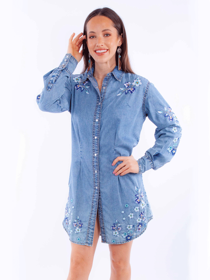 Scully HC931-LBL Womens Floral Embroidered Dress Light Blue Scully HC931-LBL Womens Floral Embroidered Dress Light Blue