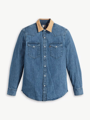 Levis 857450118 Mens Classic Western Standard Fit Shirt Medium Wash front view. If you need any assistance with this item or the purchase of this item please call us at five six one seven four eight eight eight zero one Monday through Saturday 10:00a.m EST to 8:00 p.m EST