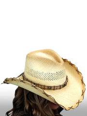 Dallas Hats HORSE SHOE 1 Hand Braided Straw Hat Natural view from above on model. If you need any assistance with this item or the purchase of this item please call us at five six one seven four eight eight eight zero one Monday through Saturday 10:00a.m EST to 8:00 p.m EST