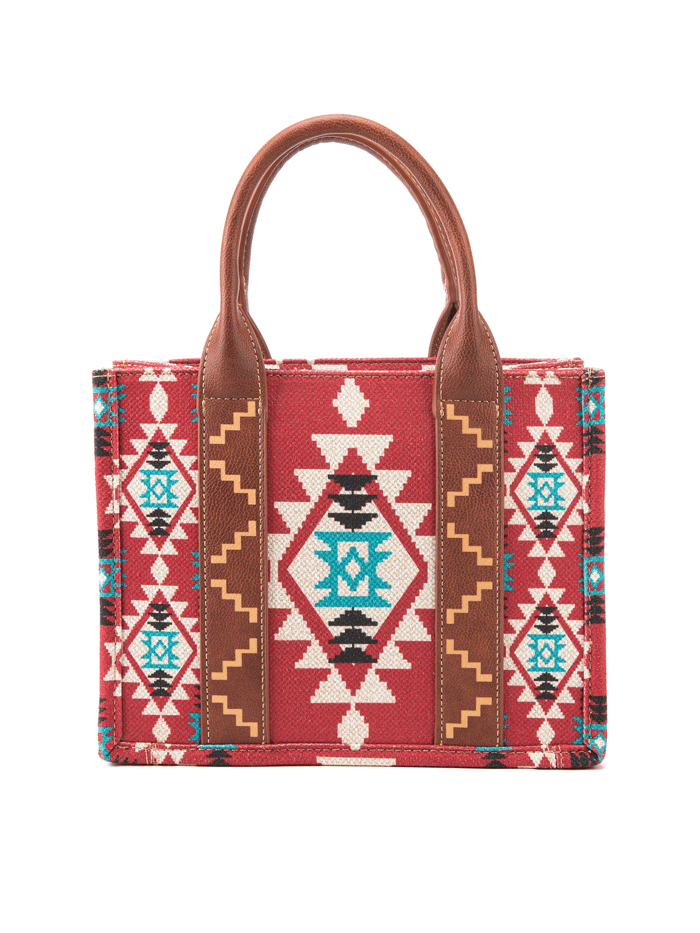 Wrangler WG2203-8120SBDY Womens Southwestern Print Small Canvas Crossbody Tote Burgundy Red front view. If you need any assistance with this item or the purchase of this item please call us at five six one seven four eight eight eight zero one Monday through Saturday 10:00a.m EST to 8:00 p.m EST

