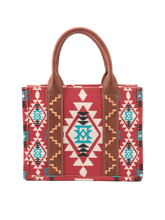 Wrangler WG2203-8120SBDY Womens Southwestern Print Small Canvas Crossbody Tote Burgundy Red back view. If you need any assistance with this item or the purchase of this item please call us at five six one seven four eight eight eight zero one Monday through Saturday 10:00a.m EST to 8:00 p.m EST

