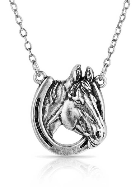 Montana Silversmiths NC5881 Womens Lucky Horse Head Pendant Necklace Silver front view. If you need any assistance with this item or the purchase of this item please call us at five six one seven four eight eight eight zero one Monday through Saturday 10:00a.m EST to 8:00 p.m EST