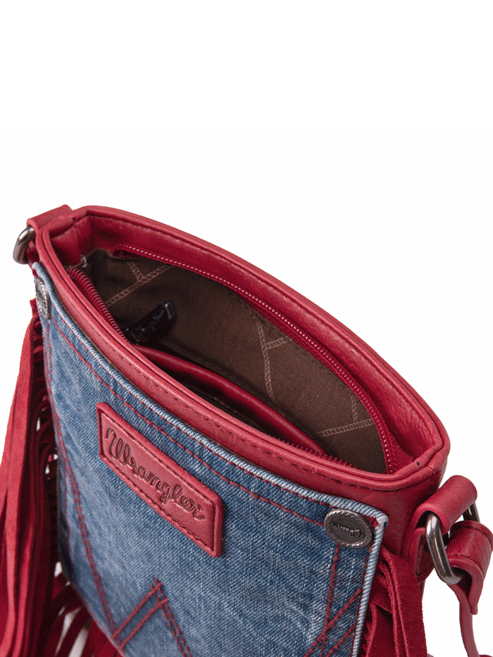 Wrangler WG44-8360RD Womens Leather Fringe Jean Denim Pocket Crossbody Bag Red front. If you need any assistance with this item or the purchase of this item please call us at five six one seven four eight eight eight zero one Monday through Saturday 10:00a.m EST to 8:00 p.m EST

