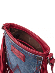 Wrangler WG44-8360RD Womens Leather Fringe Jean Denim Pocket Crossbody Bag Red side and inside view. If you need any assistance with this item or the purchase of this item please call us at five six one seven four eight eight eight zero one Monday through Saturday 10:00a.m EST to 8:00 p.m EST

