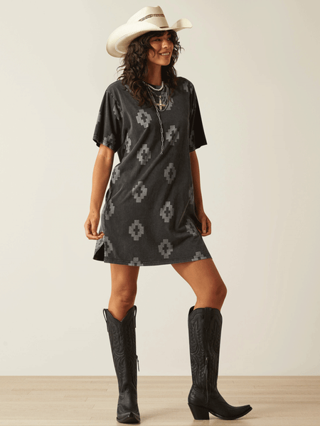 Ariat 10060380 Womens Isela Southwest Print Tee Dress Charcoal full view. If you need any assistance with this item or the purchase of this item please call us at five six one seven four eight eight eight zero one Monday through Saturday 10:00a.m EST to 8:00 p.m EST