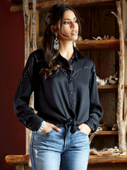 Ariat 10047368 Womens Rhonda Western Shirt Black alternate view tied front. If you need any assistance with this item or the purchase of this item please call us at five six one seven four eight eight eight zero one Monday through Saturday 10:00a.m EST to 8:00 p.m EST