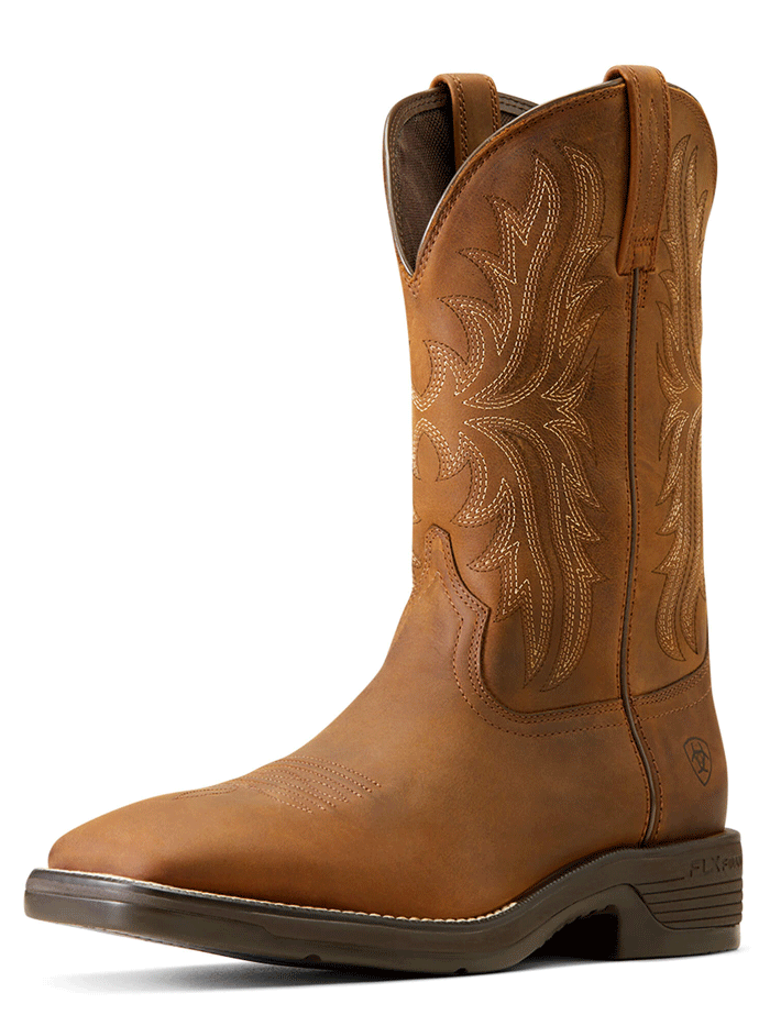 Ariat 10046982 Mens Ridgeback Western Boot Oily Distressed Tan sront and side view. If you need any assistance with this item or the purchase of this item please call us at five six one seven four eight eight eight zero one Monday through Saturday 10:00a.m EST to 8:00 p.m EST