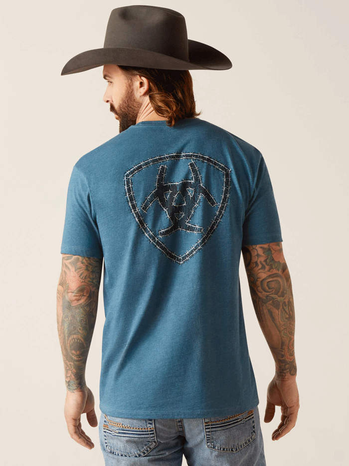 Ariat 10047902 Mens Western Wire T-Shirt Steel Blue Heather back view. If you need any assistance with this item or the purchase of this item please call us at five six one seven four eight eight eight zero one Monday through Saturday 10:00a.m EST to 8:00 p.m EST