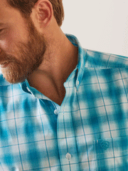Ariat 10043862 Mens Pro Series Khari Classic Fit Short Sleeve Shirt Enamel Blue front view close up. If you need any assistance with this item or the purchase of this item please call us at five six one seven four eight eight eight zero one Monday through Saturday 10:00a.m EST to 8:00 p.m EST