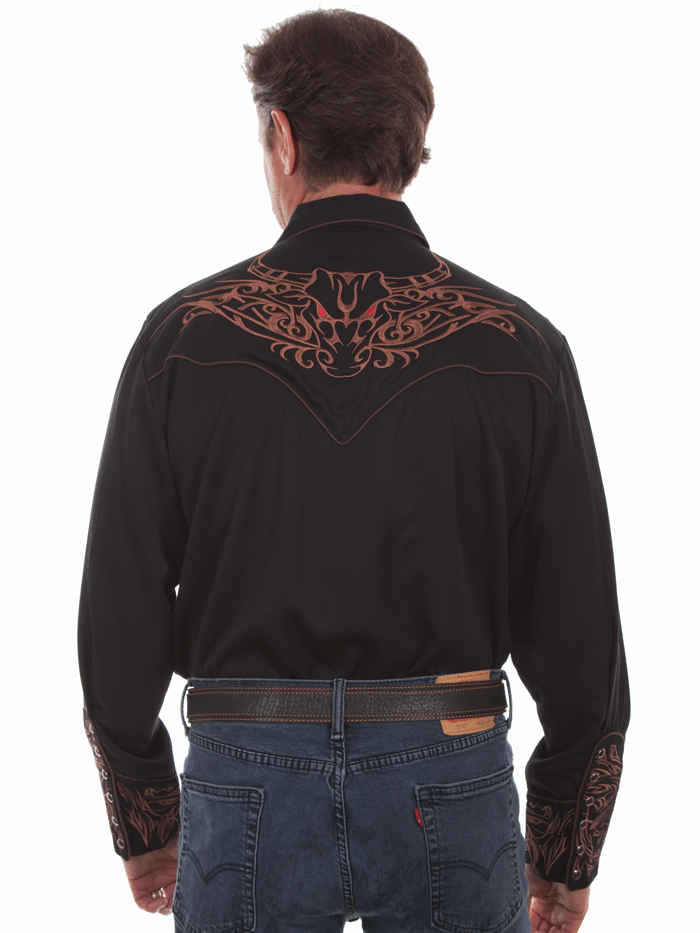 Scully P-884-BLK Mens Tribull Embroidered Western Shirt Black front view. If you need any assistance with this item or the purchase of this item please call us at five six one seven four eight eight eight zero one Monday through Saturday 10:00a.m EST to 8:00 p.m EST