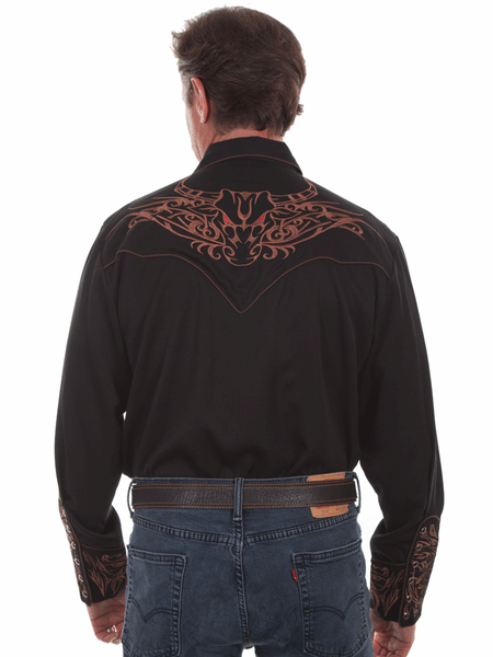 Scully P-884-BLK Mens Tribull Embroidered Western Shirt Black back view. If you need any assistance with this item or the purchase of this item please call us at five six one seven four eight eight eight zero one Monday through Saturday 10:00a.m EST to 8:00 p.m EST