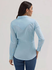 Wrangler 112358015 Womens Western Button Down Shirt Blue back view. If you need any assistance with this item or the purchase of this item please call us at five six one seven four eight eight eight zero one Monday through Saturday 10:00a.m EST to 8:00 p.m EST