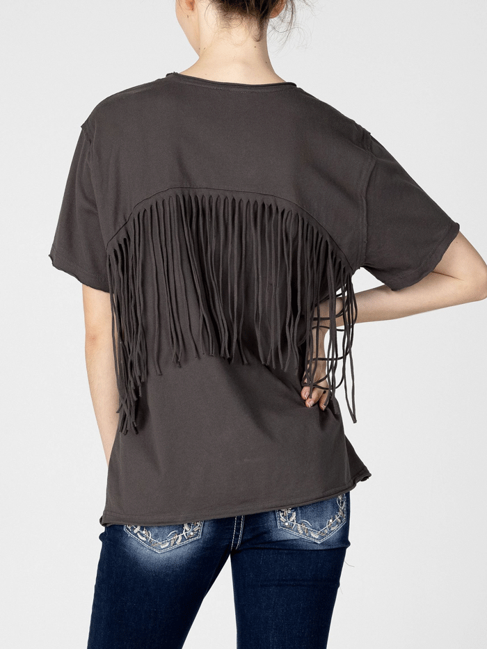 Miss Me MJT0227S Womens Nashville Guitar Fringe Tee Charcoal Black front view. If you need any assistance with this item or the purchase of this item please call us at five six one seven four eight eight eight zero one Monday through Saturday 10:00a.m EST to 8:00 p.m EST