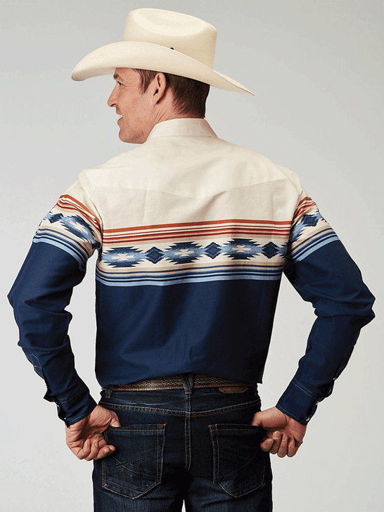 Roper 03-001-0431-0307 Mens Aztec Border Print Long Sleeve Shirt Blue back view. If you need any assistance with this item or the purchase of this item please call us at five six one seven four eight eight eight zero one Monday through Saturday 10:00a.m EST to 8:00 p.m EST