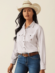 Ariat 10055189 Womens Western VentTEK Stretch Shirt Mini Print White front view. If you need any assistance with this item or the purchase of this item please call us at five six one seven four eight eight eight zero one Monday through Saturday 10:00a.m EST to 8:00 p.m EST

