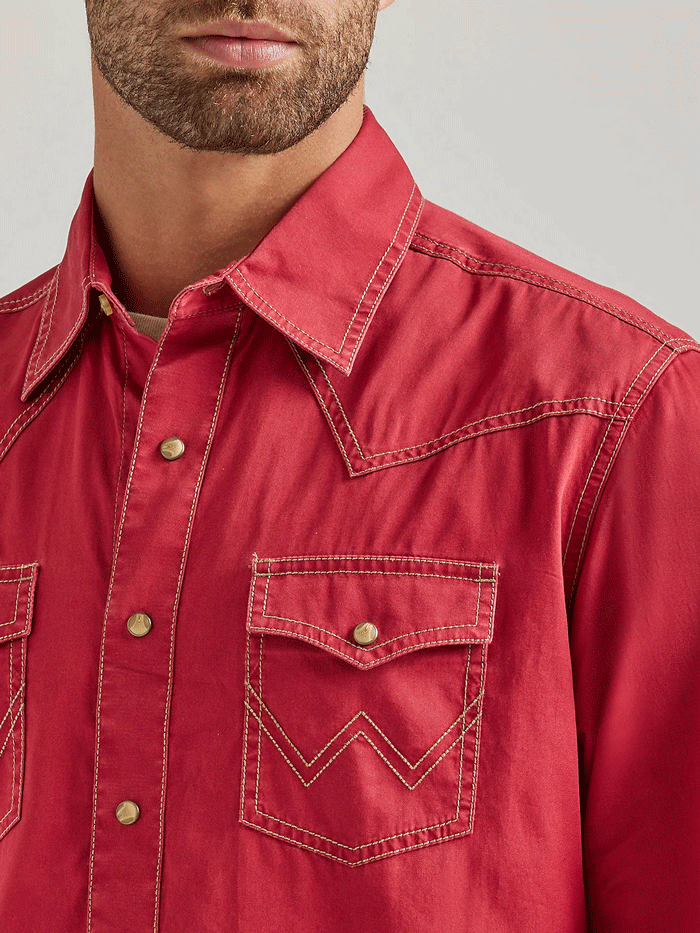 Wrangler 112338147 Mens Retro Premium Long Sleeve Shirt Chili Red front view. If you need any assistance with this item or the purchase of this item please call us at five six one seven four eight eight eight zero one Monday through Saturday 10:00a.m EST to 8:00 p.m EST